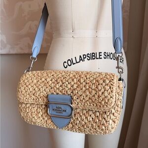 COACH Morgan Woven Straw and Blue Leather Shoulder Bag - NWOT